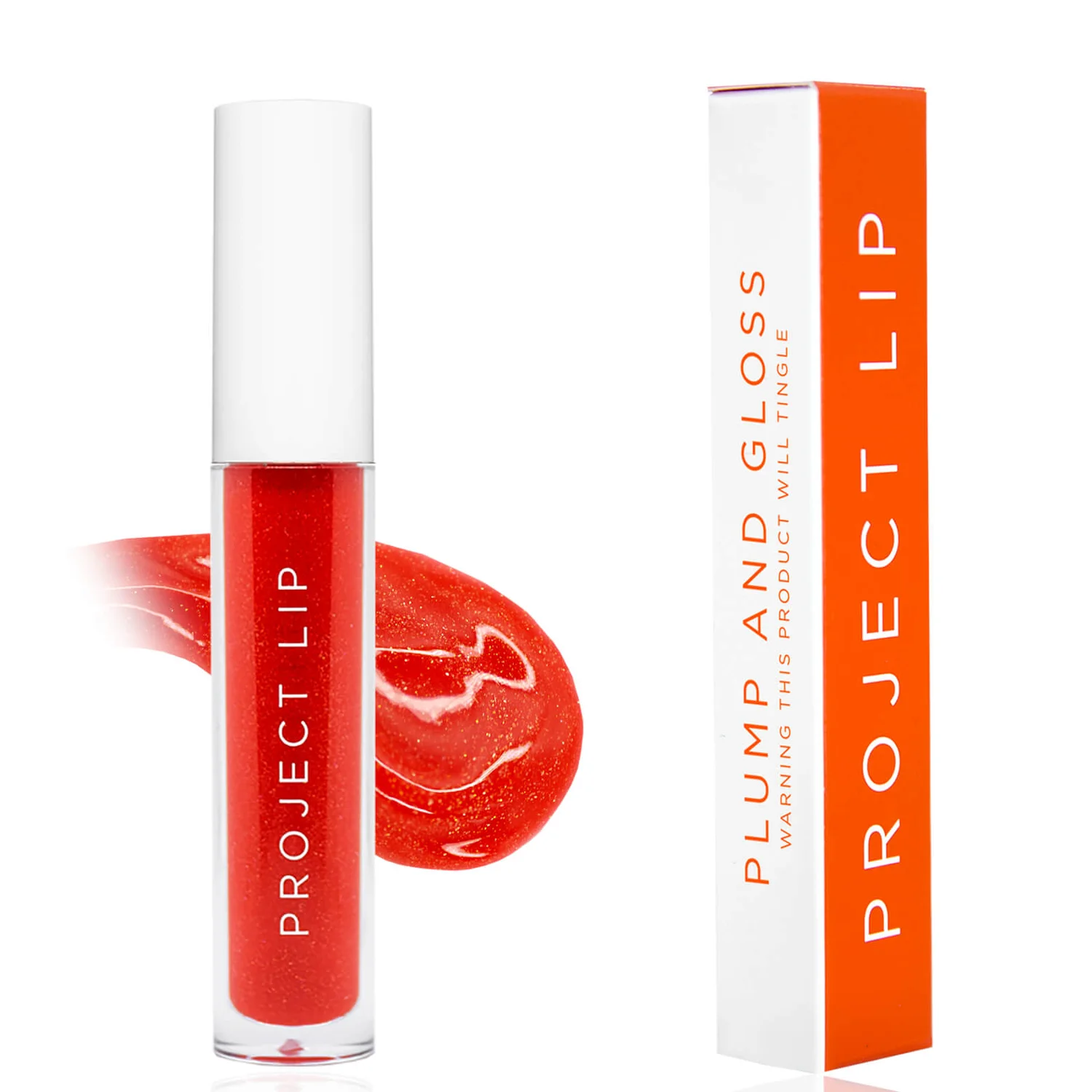 Project Lips gloss in flame a plumping lip gloss in a bright orange red