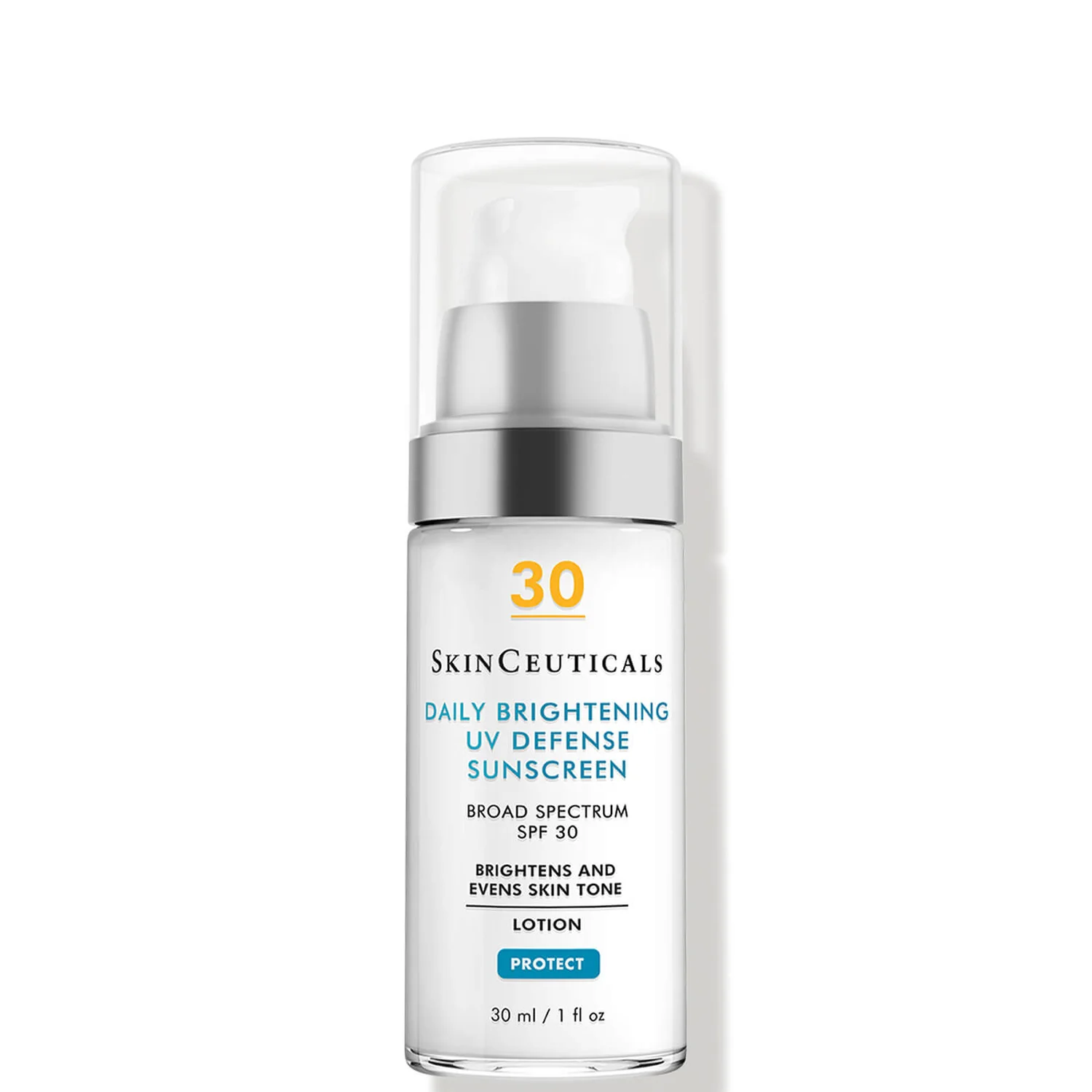 A white 30-ml pump bottle of the SkinCeuticals Daily Brightening UV Defense Broad Spectrum SPF 30. On the bottle, it says: 30, SKINCEUTICALS, DAILY BRIGHTENING UV DEFENSE SUNSCREEN, BROAD SPECTRUM, SPF 30, BRIGHTENS AND EVENS SKIN TONE, LOTION, PROTECT
