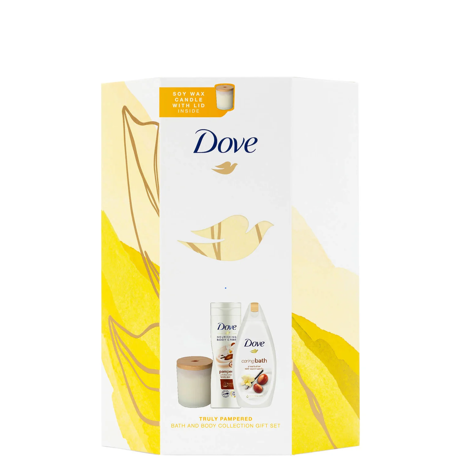 Dárková sada Dove Truly Pampered Bath &amp; Body Collection s vonnou svíčkou
