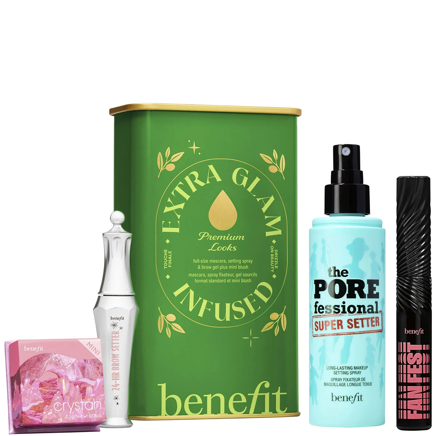 benefit Extra Glam Infused Makeup Gift Set - Mascara 24 Hour Brow Setter Blusher and Setting Spray
