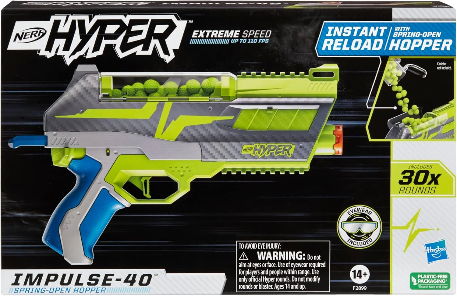 Nerf Hyper Impulse-40 Blaster, Spring-Open Hopper, Up To 110 FPS Velocity, 30 Nerf Hyper Rounds, Eyewear
