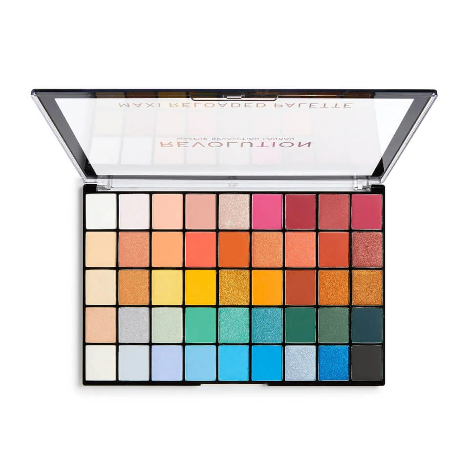 A rectangular black case of the Makeup Revolution Maxi Reloaded Eyeshadow Palette Big Shot with a glass cover. It has 45 different colors of eyeshadow.
