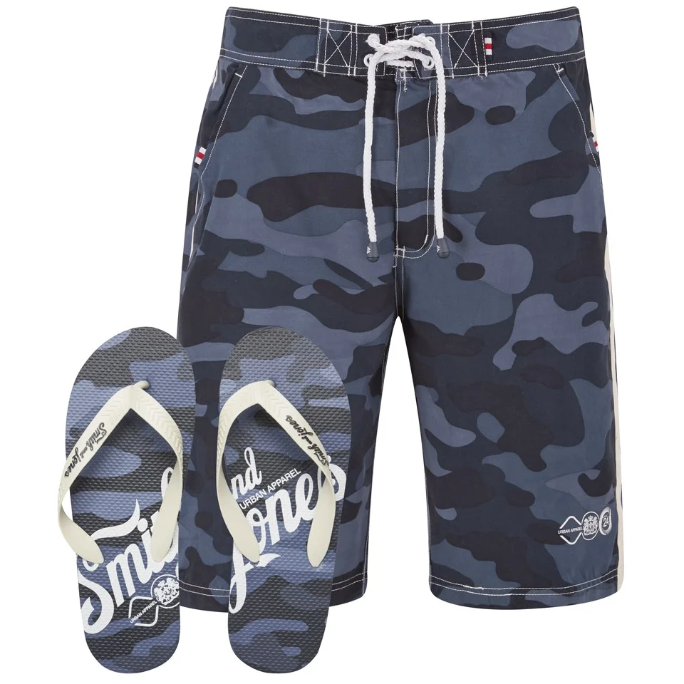 Smith & Jones Men's Carve Camo Board Shorts with Free Flip Flops - Navy