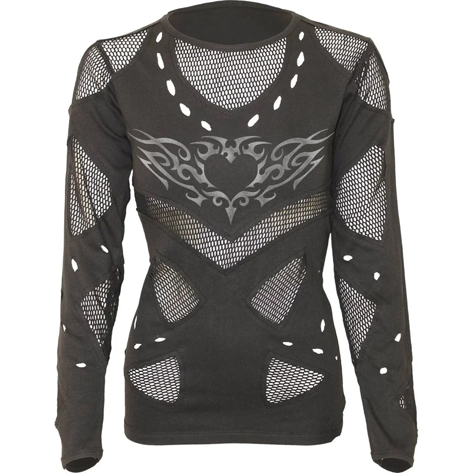Spiral Women's TRIBAL HEART TATTOO Mesh Holes Grunge Top - Black