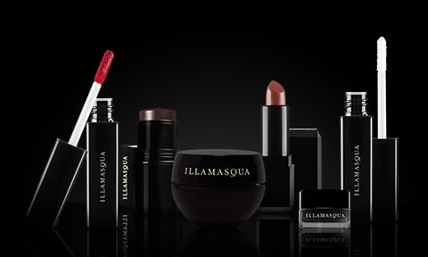 mini travel sized illamasqua makeup products mini lip gloss, cream contour stick, lipstick and clear gloss
