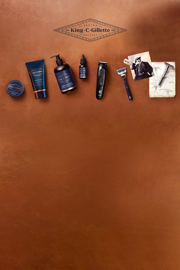 King C. Gillette Shave Gels, Safety Razors and Beard Trimmer and other products laid out