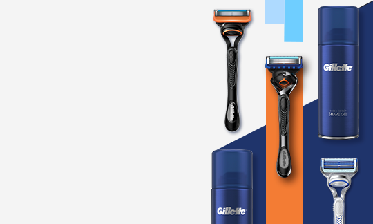Close up of Gillette Fusion5, ProGlide and SkinGuard Razors and Blades alongside limited edition Fusion5 Shave Gel