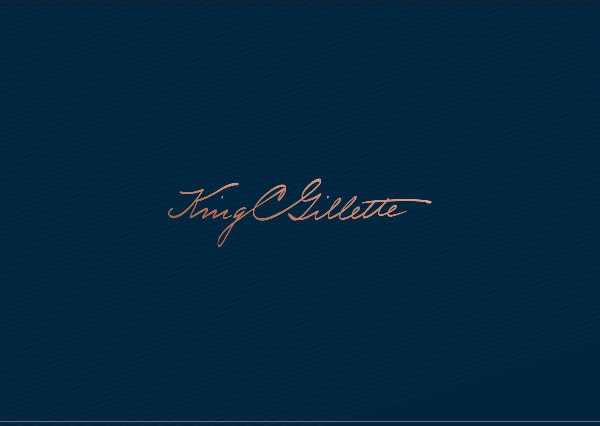 King C. Gillette text on dark blue banner