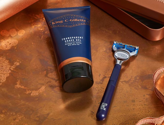 King C. Gillette shaving essentials, transparent shave gel and razor.