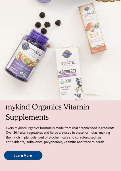mykind Organics Vitamin Supplements. Every mykind Organics formula is made from real organic food ingredients. Over 30 fruits, vegetables and herbs are used in these formulas, making them rich in plant-derived phytochemicals and cofactors, such as antioxidants, isoflavones, polyphenols, vitamins and trace minerals.
