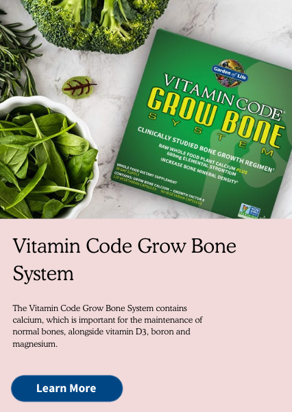 Vitamin Code Grow Bone System. The Vitamin Code Grow Bone System contains calcium, which is important for the maintenance of normal bones, alongside vitamin D3, boron and magnesium.