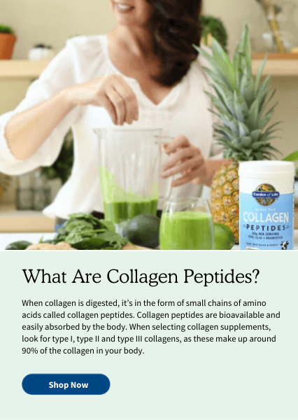 What Are Collagen Peptides? When collagen is digested, it’s in the form of small chains of amino acids called collagen peptides. Collagen peptides are bioavailable and easily absorbed by the body. When selecting collagen supplements, look for type I, type II and type III collagens, as these make up around 90% of the collagen in your body.