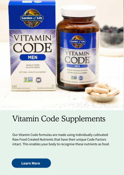 Vitamin Code Supplements. Our Vitamin Code formulas are made using individually cultivated Raw Food Created Nutrients that have their unique Code Factors intact. This enables your body to recognise these nutrients as food.
