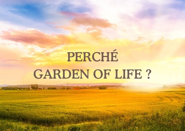 Perché Garden of Life? La frase è scritta su un’immagine con un campo durante un tramonto estivo.