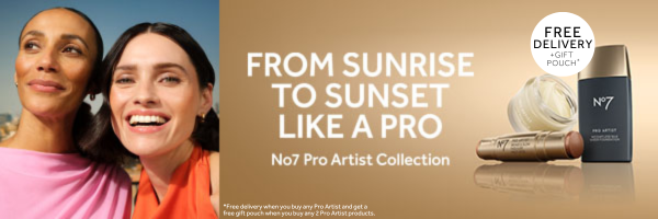 NEW Pro Artist Foundation, radiance primer and bronze and glow stick on a gold background with a model wearing an orange top outside and another woman wearing a pink top. White box with black text saying 'NEW' - Copy reads 