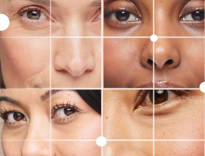 4 model images showing different skin tones. White grid over the face and white dots to represent skin analysis.
