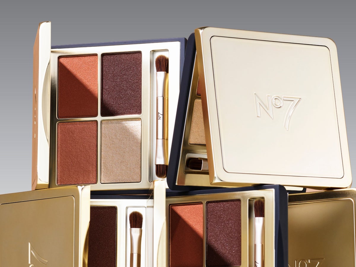 No7 Pro Artist lights, camera action eyeshadow palettes stacked on top of each other in front of a grey background