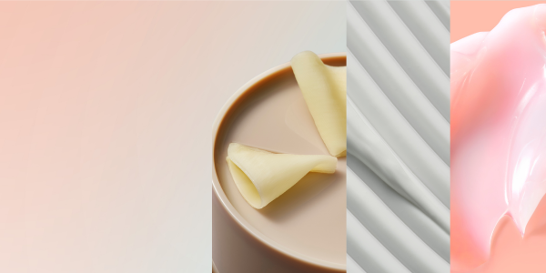 Pastel colour ombre background in shades of pink, purple and blue.3 photos showcase textures from the GOOD INTENT range; 1 shows a pink jelly, 1 shows a white cream and 1 shows shavings of a cream coloured product in a toffee coloured package.