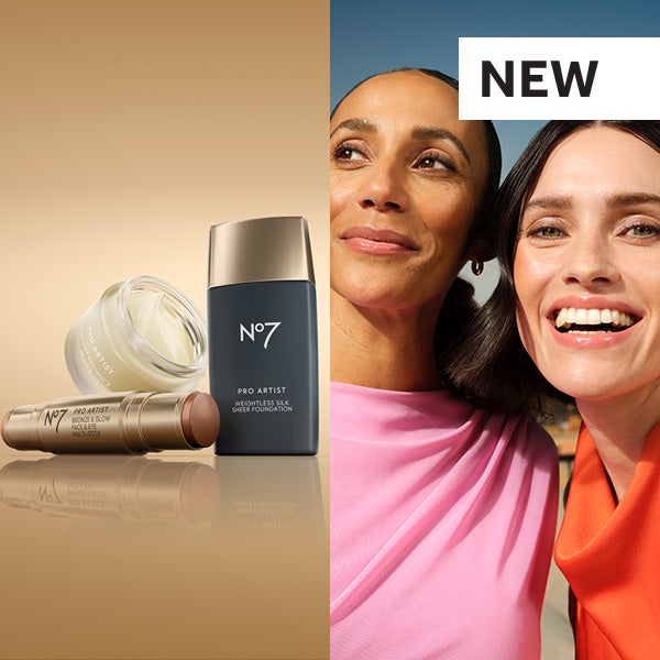 NEW Pro Artist Foundation, radiance primer and bronze and glow stick on a gold background with a model wearing an orange top outside and another woman wearing a pink top. White box with black text saying 'NEW'