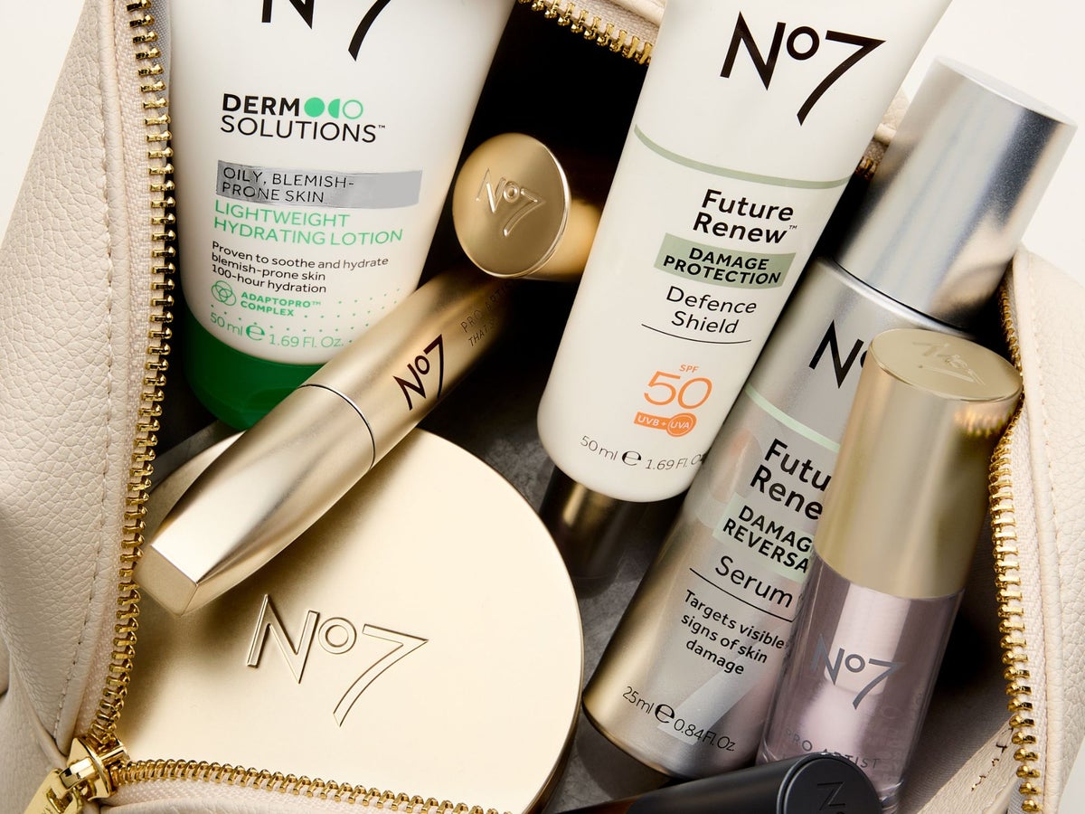No7 Protect & Perfect Skincare Collection against a grey background too