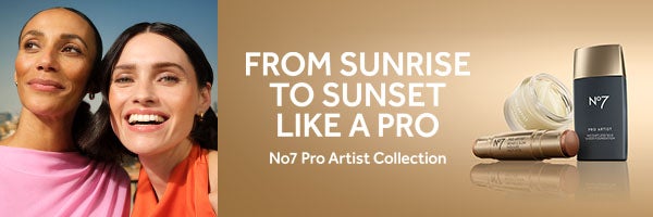 NEW Pro Artist Foundation, radiance primer and bronze and glow stick on a gold background with a model wearing an orange top outside and another woman wearing a pink top. White box with black text saying 'NEW' - Copy reads 