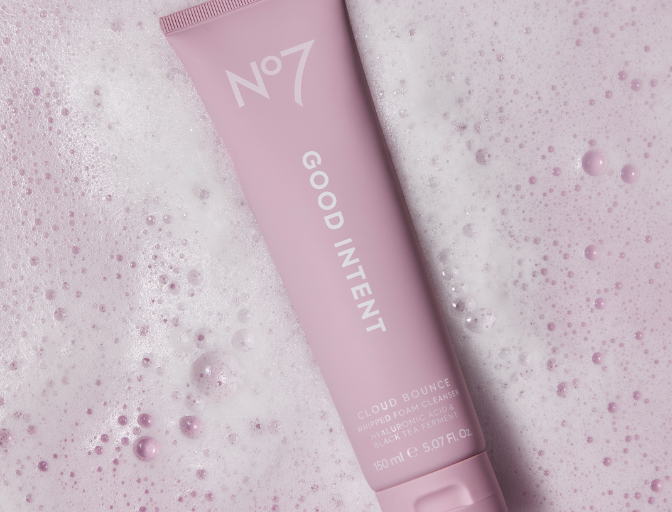 No7 GOOD Intent Cleansing Balm and Whipped Foam cleanser, falling in front of a ombre gradient background