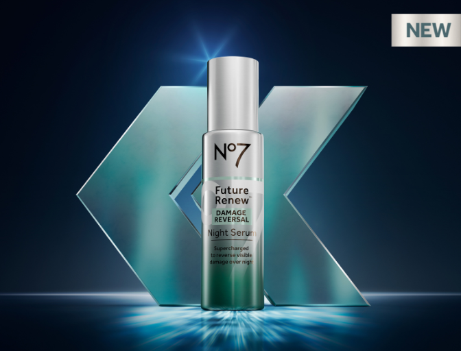 Image of No7 Future Renew Night Serum Product with reverse arrow in the background. New text callout in the top right corner.