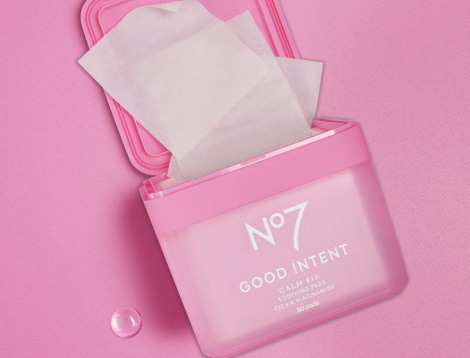 No7 Good Intent Cleansing Balm and Whipped Foam cleanser, falling in front of a ombre gradient background