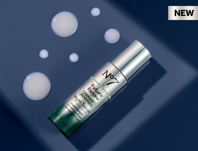 'New' text. Future Renew night serum bottle floats on a dark blue background with bubbles.