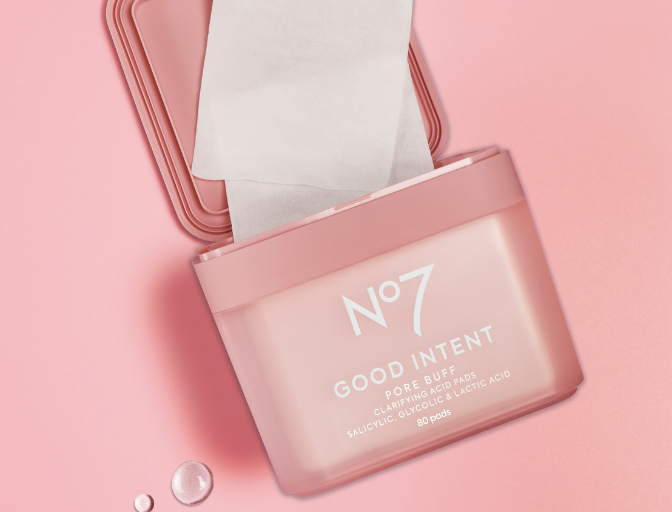 No7 GOOD INTENT Cleansing Balm and Whipped Foam cleanser, falling in front of a ombre gradient background