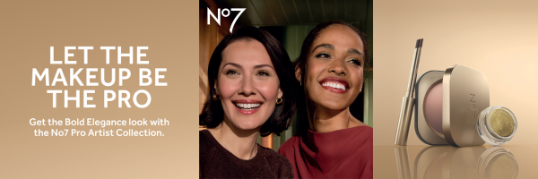 NEW Pro Artist Foundation, radiance primer and bronze and glow stick on a gold background with a model wearing an orange top outside and another woman wearing a pink top. White box with black text saying 'NEW' - Copy reads 