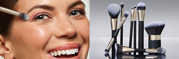 NEW Pro Artist makeup brushes on a grey background with a model using a makeup brush. Copy reads 