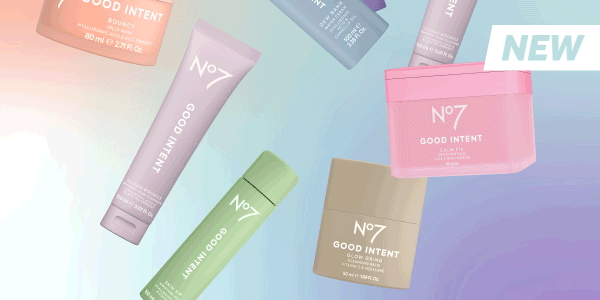 White box with black text saying 'NEW'.  Pastel colour ombre background in shades of pink, purple and blue. Brightly coloured products falling read 'No7 Good Intent''. Products are in different shades of  green, tan, pink, purple and blue.