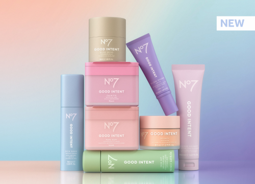 White box with black text saying 'NEW'.  Pastel colour ombre background in shades of pink, purple and blue. Brightly coloured products falling read 'No7 GOOD INTENT''. Products are in different shades of  green, tan, pink, purple and blue.