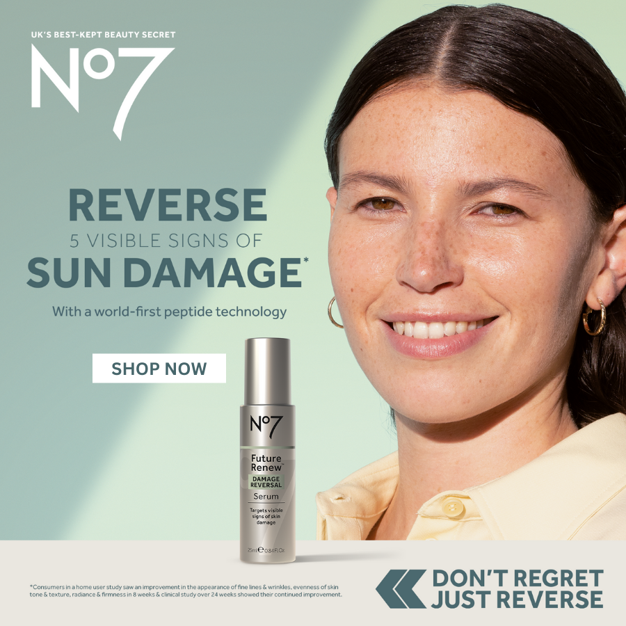 UK's Best-kept beauty secret No 7. REVERSE 5 VISIBLE SIGNS OF SUN DAMAGE* with a world-first peptide technology. *Consumers in a home user study saw an improvement in the appearance of fine lines & wrinkles, evenness of skin tone & texture, radiance & firmness in 8 weeks & clinical study over 24 weeks showed their continued improvement. Shop Now. Don't regret, just reverse.