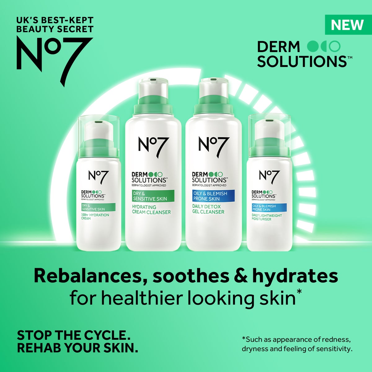 NEW DERM SOLUTIONS™  Soothes, hydrates & rebalances for healthier looking skin*  STOP THE CYCLE. REHAB YOUR SKIN. Such as appearance of redness, dryness and feeling of sensitivity.