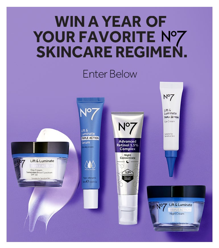 Win a year of your favorite No7 skincare regimen. Enter below for a chance to win a years supply of a skincare regimen of your choice. Entry deadline 11/30/2021.