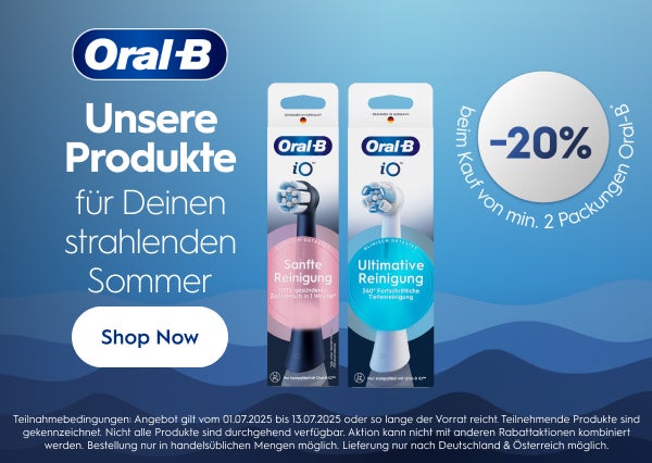 Unsere Produkte für Deinen strahlenden Sommer 20% Rabatt beim Kauf von min. 2 Packungen Oral-B Aufsteckbürsten