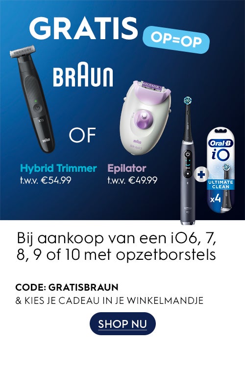 GRATIS  OP = OP Braun Hybrid Trimmer OF Epilator. Bij aankoop van een iO 6, 7, 8, 9 of 10 met opzetborstels. Code: GRATISBRAUN & kies je cadeau in je winkelmandje. SHOP NU