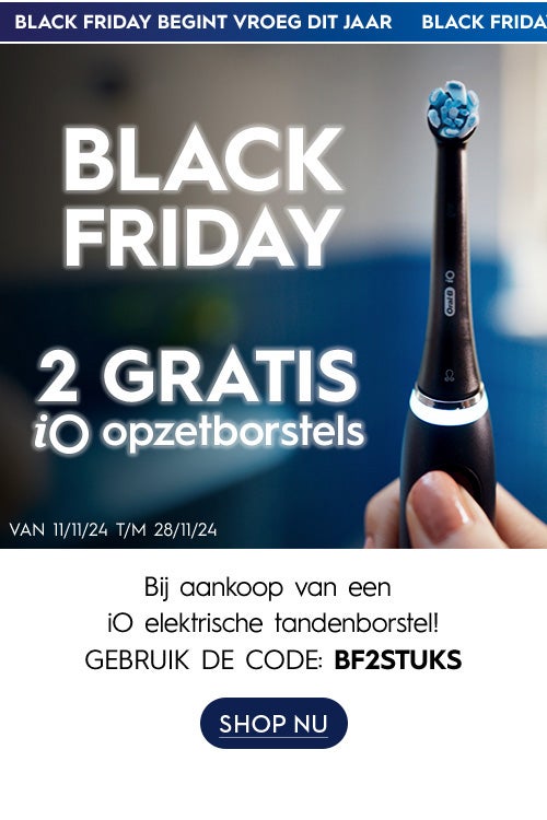 Black Friday. 2 gratis iO opzetborstels. Code: BF2STUKS. Shop Nu.