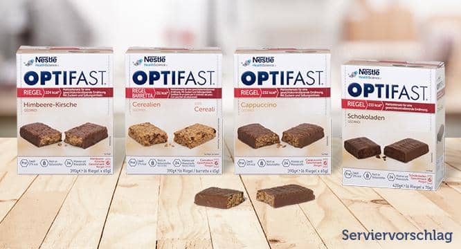 OPTIFAST® Mahlzeitenersatz-Riegel Produktauswahl- Cerealien, Schokoladen, Cappuccino und Himbeere-Kirsche Geschmacksrichtungen