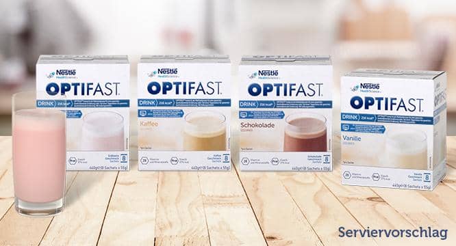 OPTIFAST® Mahlzeitenersatz-Drink Produktauswahl - Erdbeere, Schokolade, Vanille, Kaffee und Banane Geschmacksrichtungen