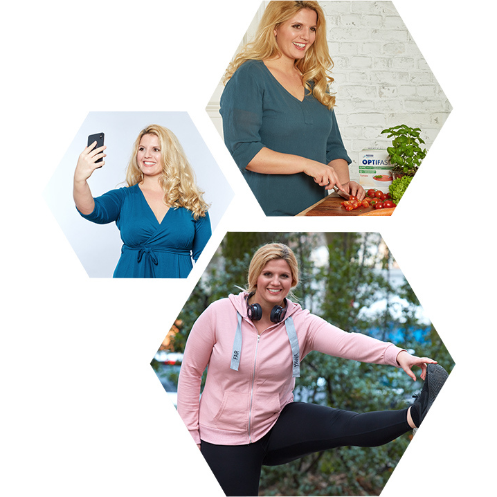 Bilder einer Frau auf ihrer OPTIFAST® Weg zum Wohlfühlgewicht - sie isst OPTIFAST® Mahlzeitersatzprodukte und treibt Sport.