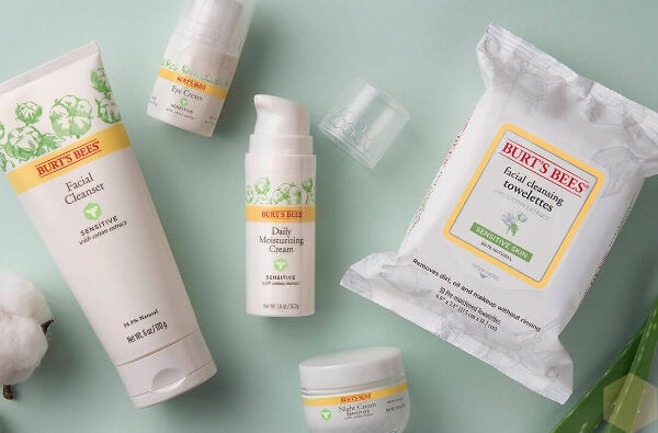 The Burt's Bees Sensitive Skincare Collection lying down on a table