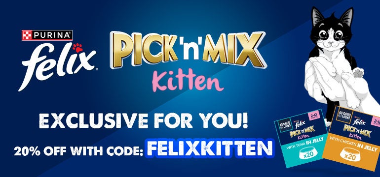 Felix Pick 'n' Mix Kitten - Choose your cat's favourite Felix Pick 'n' Mix recipes and get 20% off their very own pawsonalised box with code FELIXKTTEN