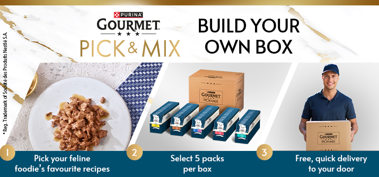 GOURMET Pick & Mix | Build your own box. 1. Pick your feline foodie's favourite recipes. 2. Select 5 packs per box. 3. Free, quick delivery to your door 