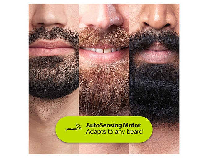 autosensing motor - adapts to any beard - 3 vertical strip images of differetn men's beards