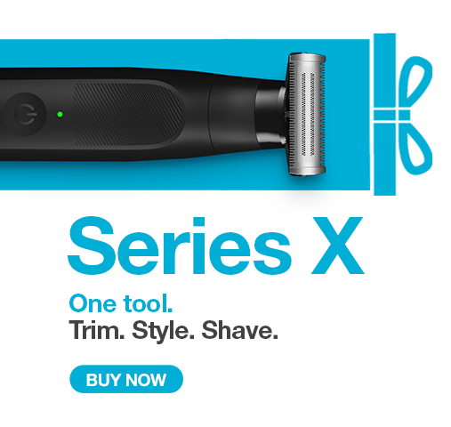 Series X - one tool. Trim. Style. Shave. - buy now - braun Series X on top of digital baby blue present box