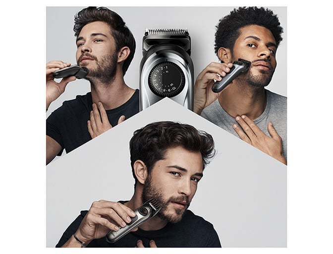 a split image different people using the Braun Beard Trimmer 5 BT5260