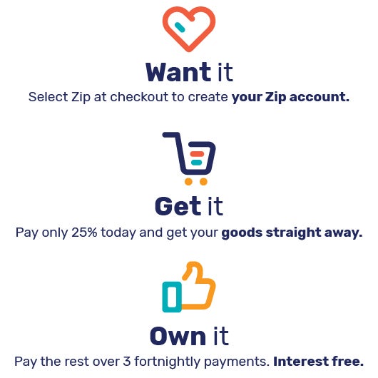 want it - WANT IT: select zip at checkout to create your zip account (love heart), GET IT: pay only 25% today and get your goods straight away (shopping trolley), OWN IT: Pay the rest over 3 fortnightly payments, interest free (thumbs up)